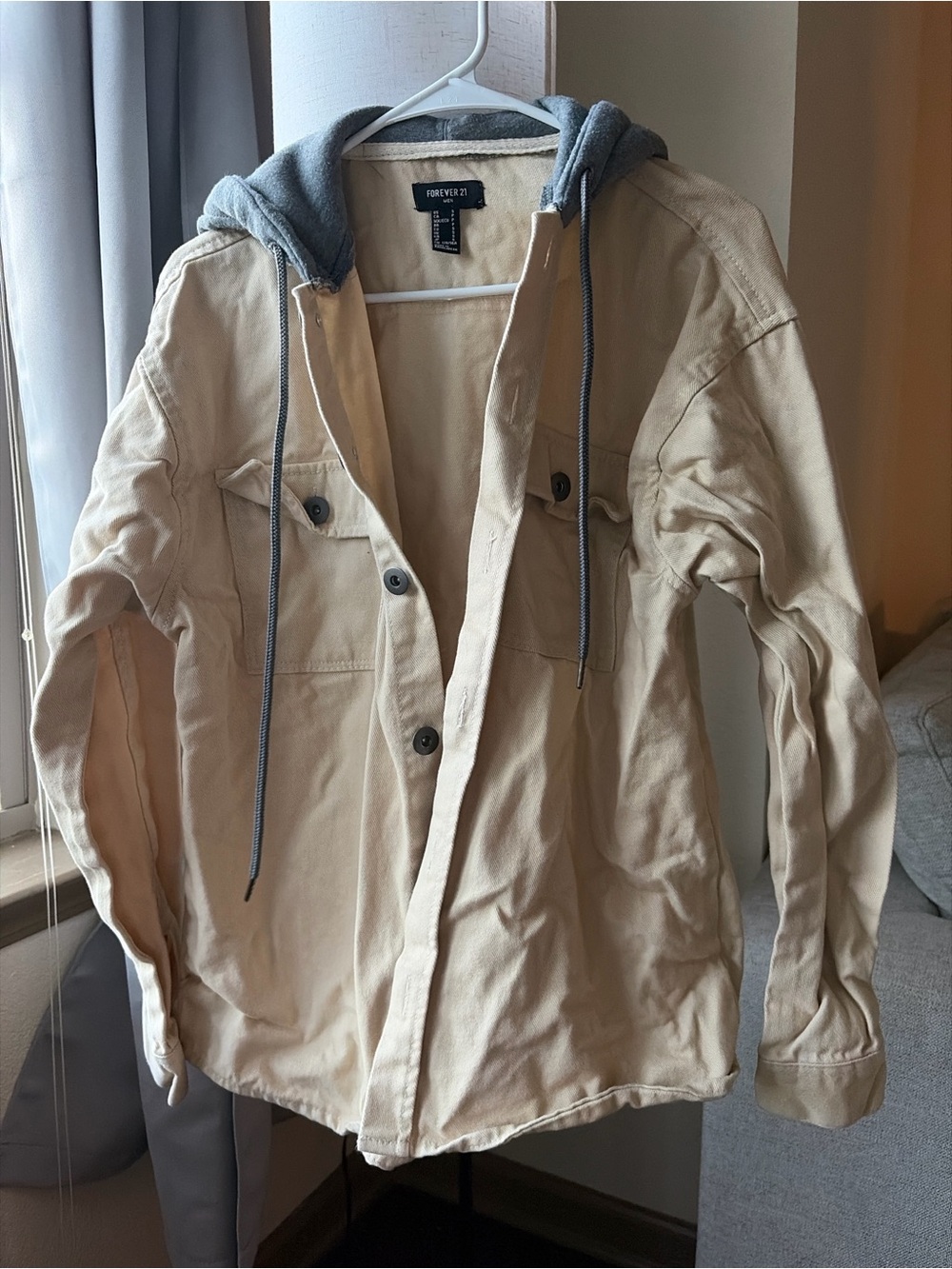 Forever 21 Men's Cream Hooded Shirt Jacket with Gray Hood